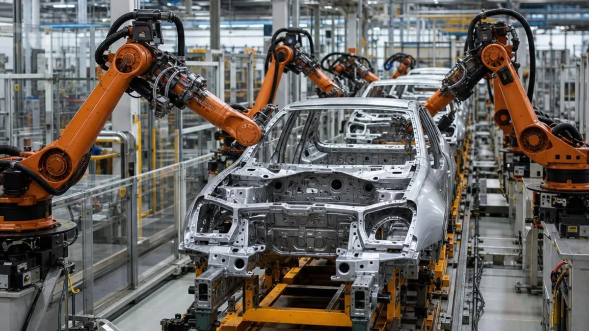Imagem gerada ilustrativa: linha genérica de montagem automotiva