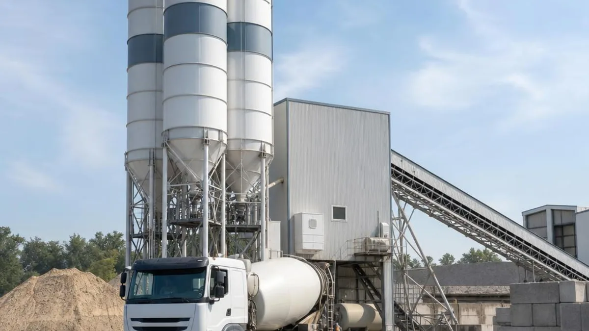 Imagem gerada ilustrativa: produção de concreto e operação de transporte